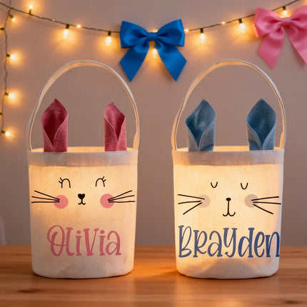 Personalized Easter Basket with Bunny Ears Custom Name Easter Gift Basket for Kids Easter Egg Hunt Storage Home Party Decoration