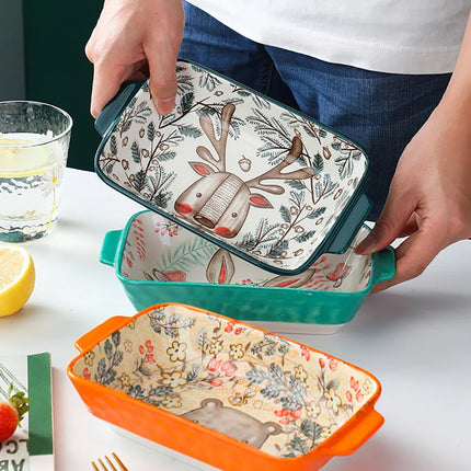 Ceramic Bakeware With Handle Forest Animals Baking Pan  Underglaze  Kitchen Tableware Salad Bowl Au Gratin Dishes