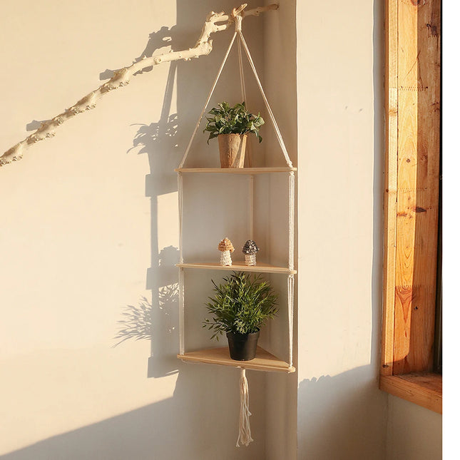 Rustic Boho Corner Macrame Shelf Hanging Wood Wall Decor