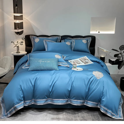 Stripe Embroidery Bedding Sets Luxury Egyptian Cotton Duvet Cover Fitted Bed Sheet Pillowcases Solid Color Mattress Cover