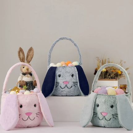 Plush Easter Basket For Kids Soft Fluffy Candy Gift Bag For Boys Girls Cute Easter Bucket Egg Hunt Bunny Bag With Ears Party