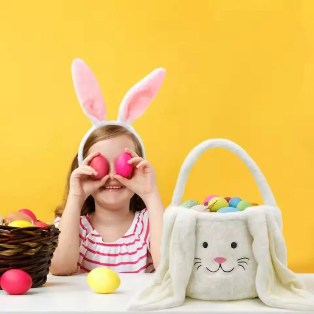 Cesta longa de orelha de coelho de pelúcia de páscoa com alça, balde de armazenamento de brinquedos de doces de pelúcia macia