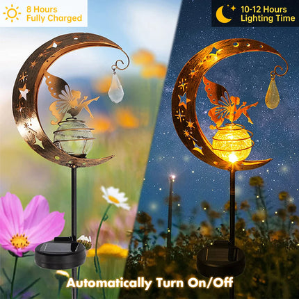 Solar Moon Fairy Garden Light with Crackle Glass Globe