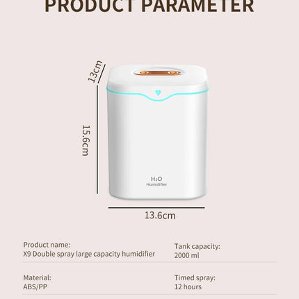 2000ml Large Capacity Double Spray Port Air Humidifier USB Silent Aromatherapy Diffuser Cool Mist Maker for Bedroom Home Office