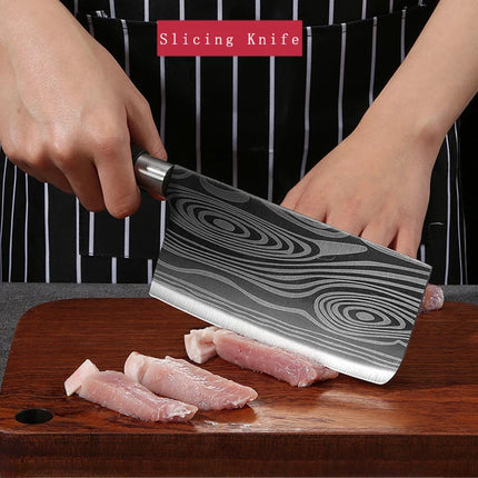 Laser Damascus Pattern Kitchen Knives Scissors Sharpening Rod Set