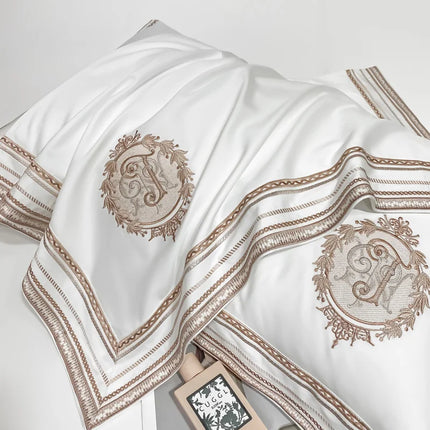 Stripe Embroidery Bedding Sets Luxury Egyptian Cotton Duvet Cover Fitted Bed Sheet Pillowcases Solid Color Mattress Cover