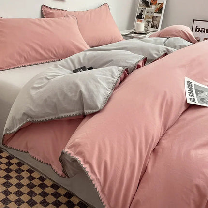 Ins Style Double Striped Bed 3-4 Pces Solid Washed Cotton Bedding with Sheets Pillowcases Skin Friendly Breathable Duvet Cover
