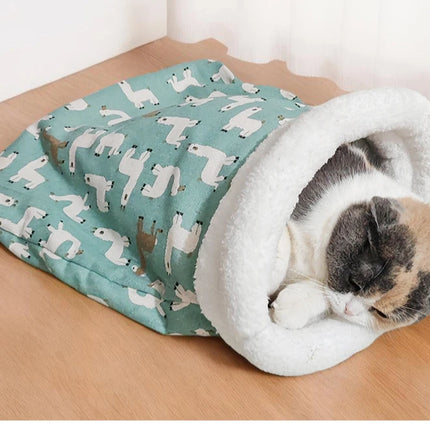 Winter Warm Pet Sleeping Bag Lamb Wool Warm Kitten Nest Drilling Hole Bedding Semi Closed Small Dog Kennel for Both Dogs Cats