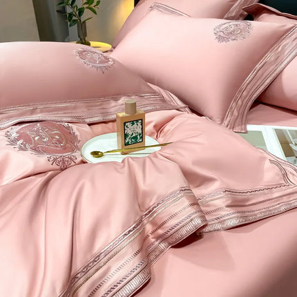 Stripe Embroidery Bedding Sets Luxury Egyptian Cotton Duvet Cover Fitted Bed Sheet Pillowcases Solid Color Mattress Cover