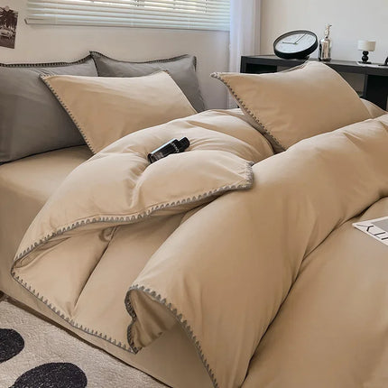 Ins Style Double Striped Bed 3-4 Pces Solid Washed Cotton Bedding with Sheets Pillowcases Skin Friendly Breathable Duvet Cover