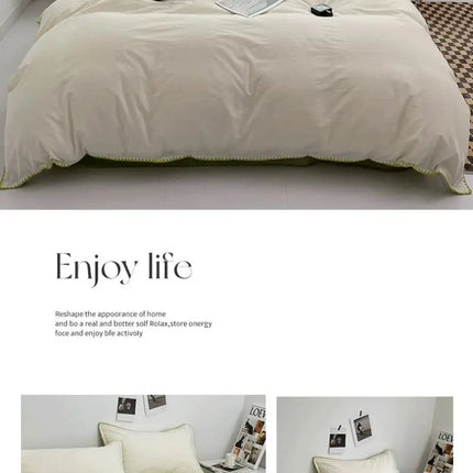 Ins Style Double Striped Bed 3-4 Pces Solid Washed Cotton Bedding with Sheets Pillowcases Skin Friendly Breathable Duvet Cover