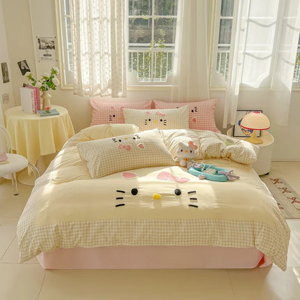 Cartoon embroidery Bedding set Plaid Duvet cover 100% Washed cotton 4pcs Bedding for Winter with Sheet Pillowcases Home Textiles