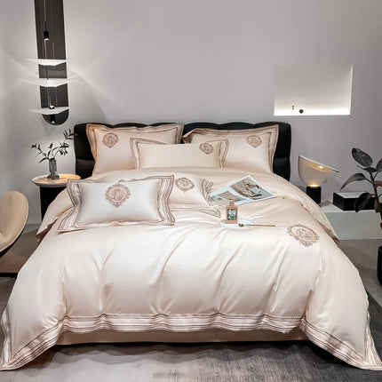 Stripe Embroidery Bedding Sets Luxury Egyptian Cotton Duvet Cover Fitted Bed Sheet Pillowcases Solid Color Mattress Cover