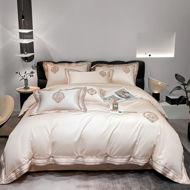 Stripe Embroidery Bedding Sets Luxury Egyptian Cotton Duvet Cover Fitted Bed Sheet Pillowcases Solid Color Mattress Cover