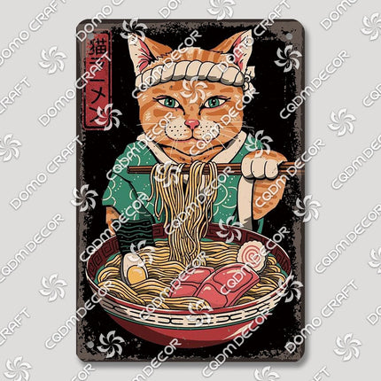 Cartoon Cat Japanese Food Plaque Tin Sign Retro Ramen Sushi Takoyaki Poster Metal Plates Bar Pub Restaurant Kitchen Wall Decor