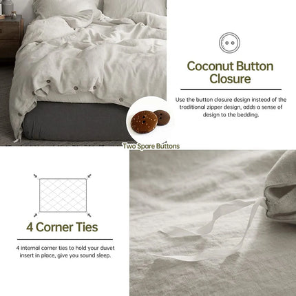 Simple&Opulence 100% Linen 3Pcs Bedding Set  Natural Flax Breathable King Size with Coconut Button Comforter Duvet Cover Set