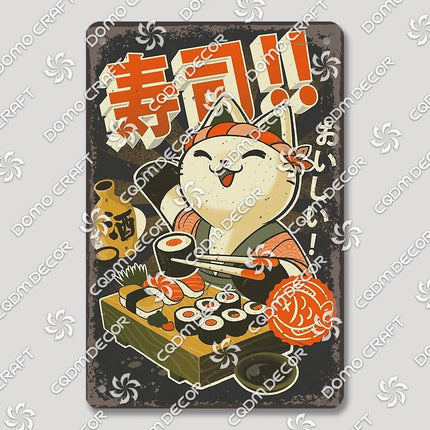 Cartoon Cat Japanese Food Plaque Tin Sign Retro Ramen Sushi Takoyaki Poster Metal Plates Bar Pub Restaurant Kitchen Wall Decor