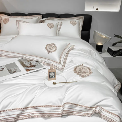 Stripe Embroidery Bedding Sets Luxury Egyptian Cotton Duvet Cover Fitted Bed Sheet Pillowcases Solid Color Mattress Cover