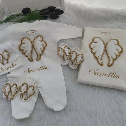 Dollbling Hospital Exit 5pcs Embroidery Name Newborn Angle Wings Romper Blanket  Nursery Bedding Swaddle Handmade Infant Outfit