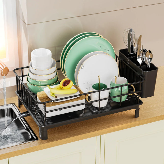 Multi-Functional Kitchen Dish Draining Rack with Cutlery Holder