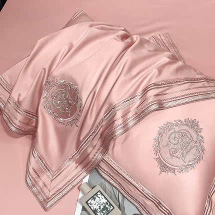 Stripe Embroidery Bedding Sets Luxury Egyptian Cotton Duvet Cover Fitted Bed Sheet Pillowcases Solid Color Mattress Cover