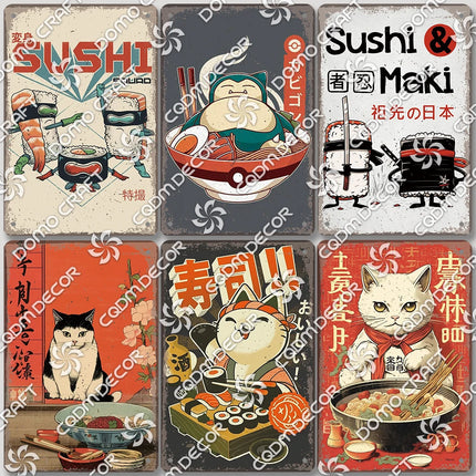 Cartoon Cat Japanese Food Plaque Tin Sign Retro Ramen Sushi Takoyaki Poster Metal Plates Bar Pub Restaurant Kitchen Wall Decor