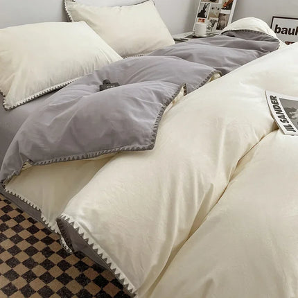 Ins Style Double Striped Bed 3-4 Pces Solid Washed Cotton Bedding with Sheets Pillowcases Skin Friendly Breathable Duvet Cover