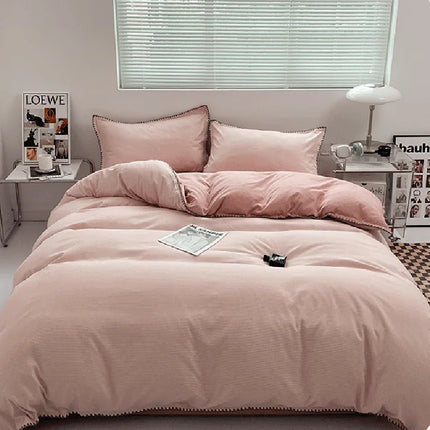 Ins Style Double Striped Bed 3-4 Pces Solid Washed Cotton Bedding with Sheets Pillowcases Skin Friendly Breathable Duvet Cover