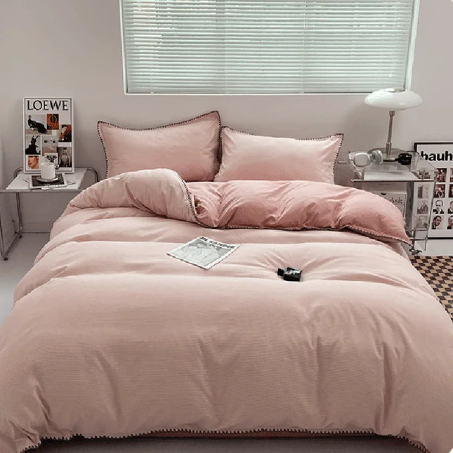 Ins Style Double Striped Bed 3-4 Pces Solid Washed Cotton Bedding with Sheets Pillowcases Skin Friendly Breathable Duvet Cover