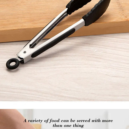 1 Pc Black Silicone Food Tongs, Stainless Steel Food Tongs Outdoor BBQ Clamps For Camping Kitchen Tongs For Baking Steak