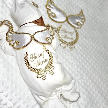 Dollbling Hospital Exit 5pcs Embroidery Name Newborn Angle Wings Romper Blanket  Nursery Bedding Swaddle Handmade Infant Outfit