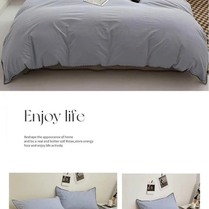 Ins Style Double Striped Bed 3-4 Pces Solid Washed Cotton Bedding with Sheets Pillowcases Skin Friendly Breathable Duvet Cover