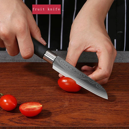 Laser Damascus Pattern Kitchen Knives Scissors Sharpening Rod Set