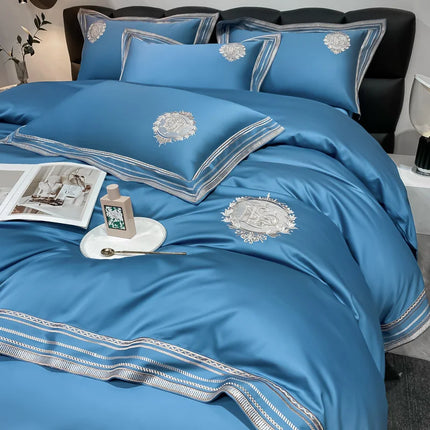 Stripe Embroidery Bedding Sets Luxury Egyptian Cotton Duvet Cover Fitted Bed Sheet Pillowcases Solid Color Mattress Cover