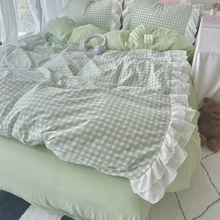 Korean Princess Style Lattice Double Layer Lace Bedding Set Soft Quilt Cover Plaid Style Duvet Covers Set Bed Sheet Pillowcases