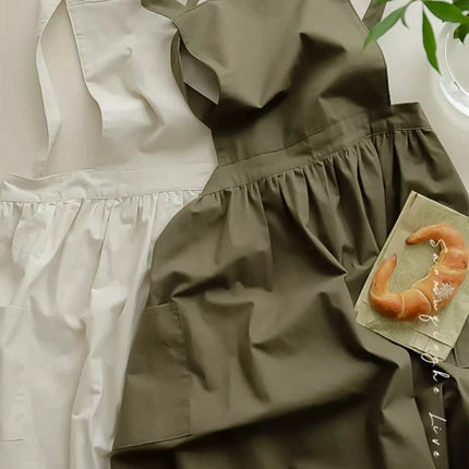 Long Pleated Waterproof Cotton Kitchen Apron for Salon Beauty Women's Anti-dirty Cooking Baking Pinafore Cleaning Work Clothes