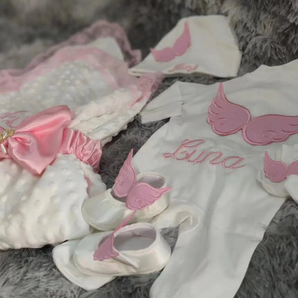 Dollbling Hospital Exit 5pcs Embroidery Name Newborn Angle Wings Romper Blanket  Nursery Bedding Swaddle Handmade Infant Outfit