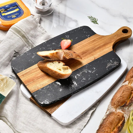 Acacia Wood Small Marble and Wooden Decorative Cutting Board for Kitchen Small Wooden Marble Cheese Board with Handle
