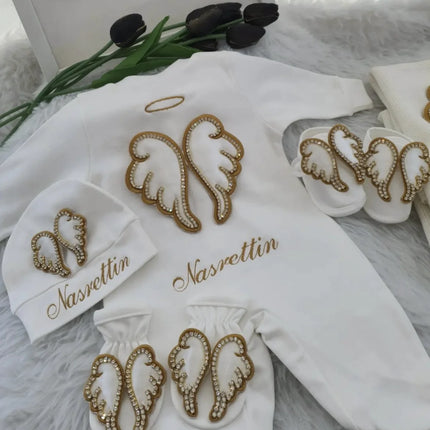 Dollbling Hospital Exit 5pcs Embroidery Name Newborn Angle Wings Romper Blanket  Nursery Bedding Swaddle Handmade Infant Outfit