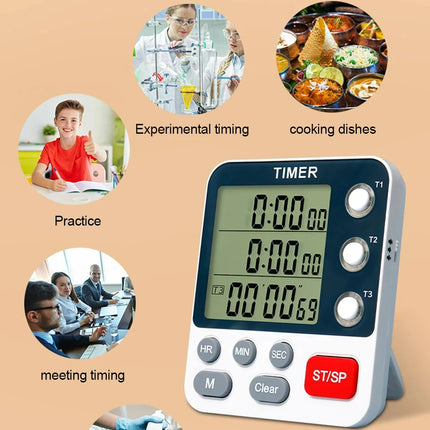 Digital Kitchen Timer 3 Channels Count UP/Down Timer 3 Levels Volume Alarm Clock  LCD Display Mute Flashing Timer for Studying