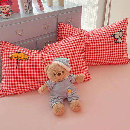 Cartoon embroidery Bedding set Plaid Duvet cover 100% Washed cotton 4pcs Bedding for Winter with Sheet Pillowcases Home Textiles