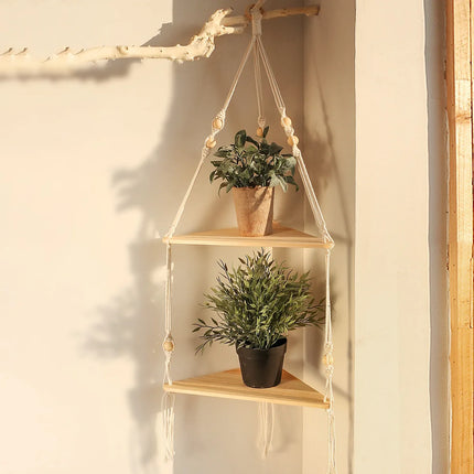 Rustic Boho Corner Macrame Shelf Hanging Wood Wall Decor