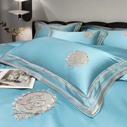Stripe Embroidery Bedding Sets Luxury Egyptian Cotton Duvet Cover Fitted Bed Sheet Pillowcases Solid Color Mattress Cover