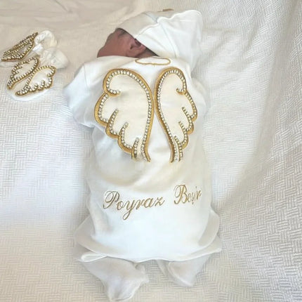 Dollbling Hospital Exit 5pcs Embroidery Name Newborn Angle Wings Romper Blanket  Nursery Bedding Swaddle Handmade Infant Outfit