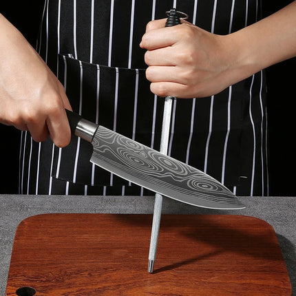 Laser Damascus Pattern Kitchen Knives Scissors Sharpening Rod Set