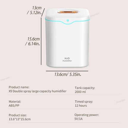 2000ml Large Capacity Double Spray Port Air Humidifier USB Silent Aromatherapy Diffuser Cool Mist Maker for Bedroom Home Office