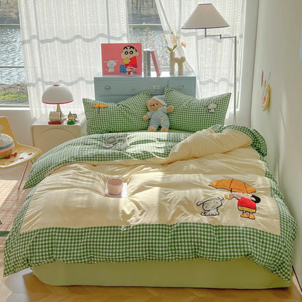Cartoon embroidery Bedding set Plaid Duvet cover 100% Washed cotton 4pcs Bedding for Winter with Sheet Pillowcases Home Textiles