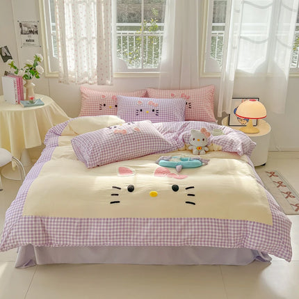 Cartoon embroidery Bedding set Plaid Duvet cover 100% Washed cotton 4pcs Bedding for Winter with Sheet Pillowcases Home Textiles