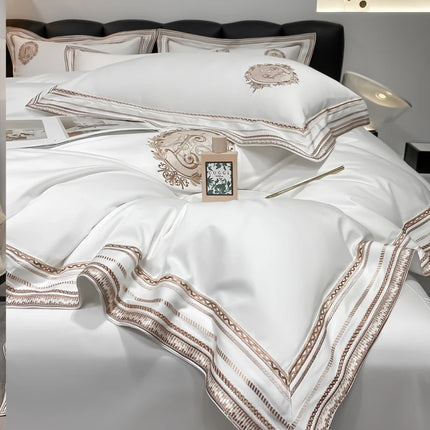 Stripe Embroidery Bedding Sets Luxury Egyptian Cotton Duvet Cover Fitted Bed Sheet Pillowcases Solid Color Mattress Cover
