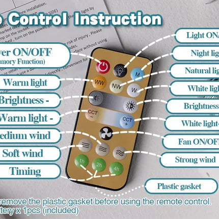 LED 30W ceiling fan light E27 with remote control for dimming, suitable for living room, study, household use, 85-265V
